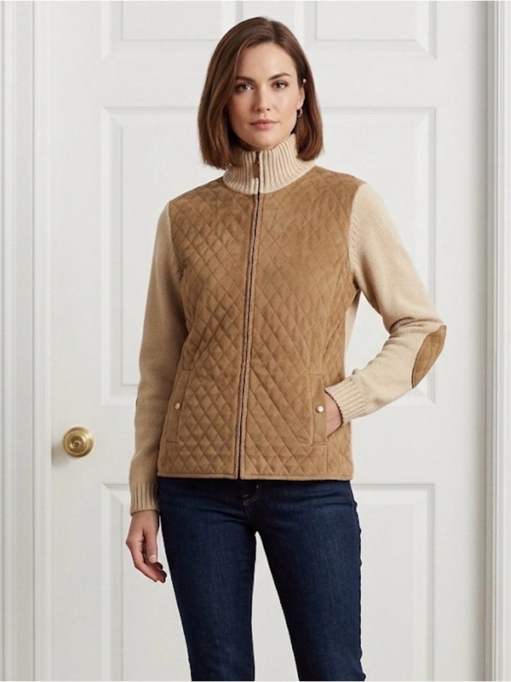 Lauren Ralph Lauren Quilted Faux Suede Knit Jacket Sweater Elbow Patch Beige L